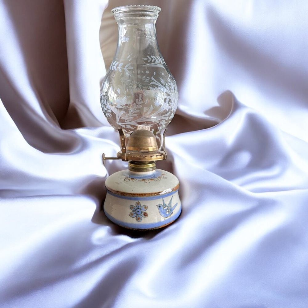 Vintage Elegant Glass Oil Lamp with Brass Accents and Hand Painted Ceramic Birds